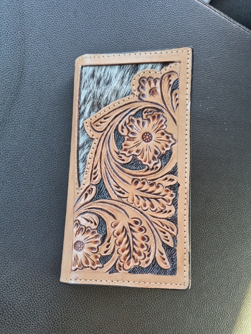 Hand-Tooled Leather Western Wallet in Tan with Hair-on-Hide Accent